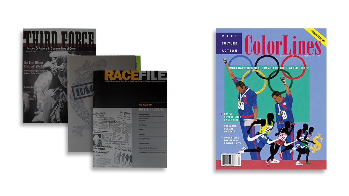 Colorlines issue Summer 1998 with illustration of iconic photo of Black athletes at Olympics doing Black Power fist. Title “What happened to the revolt of the Black athlete?” Behind are issues of Third Force and two issues of RaceFile.