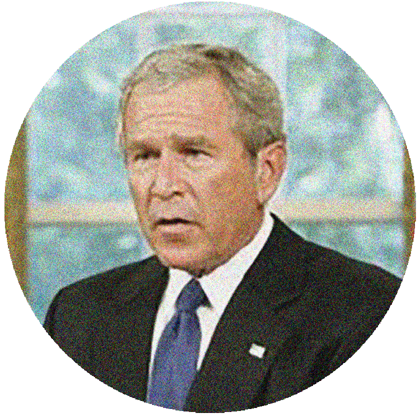 Portrait of George W Bush with a serious look on his face.
