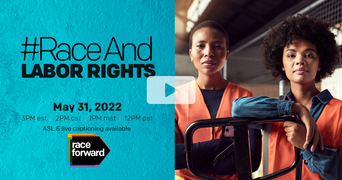 #RaceAnd Labor Rights Event Video Cover with past event details and a photo of two labor workers