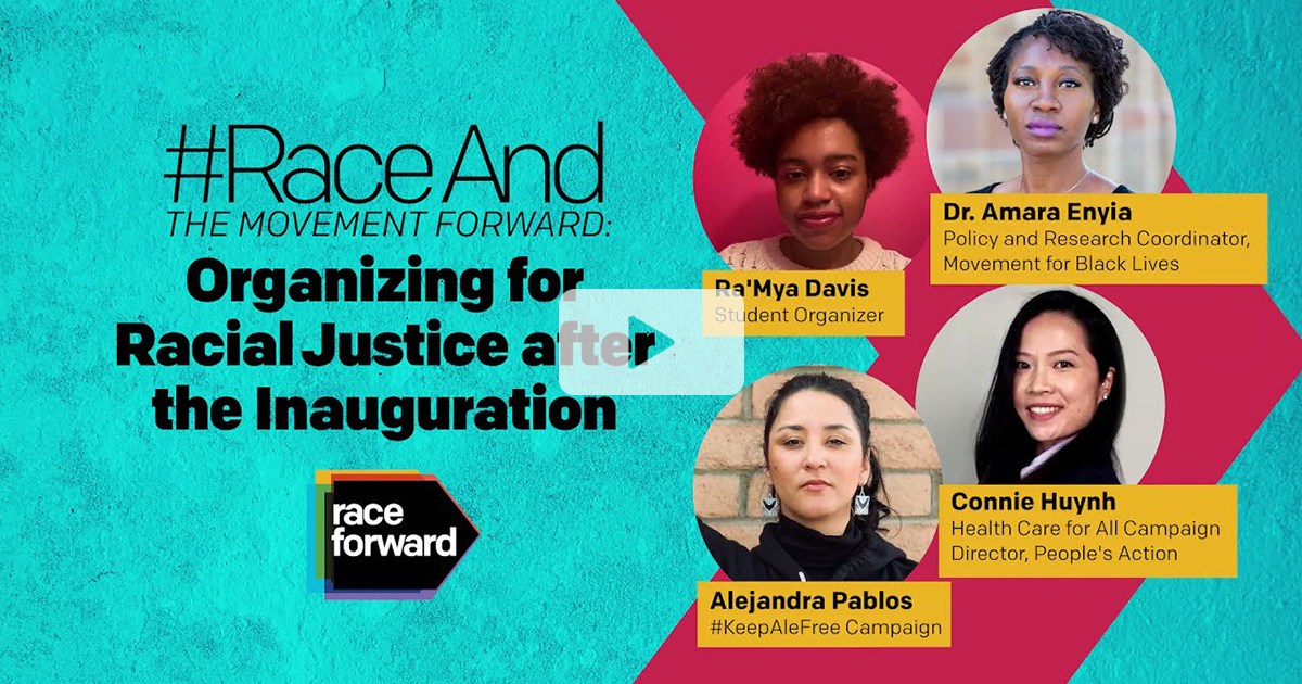 #RaceAnd The Movement Forward Video Cover with past event details and a photos of organizers: Ra'Mya Davis, Dr. Amara Enyia, Alejandra Pablos, and Connie Huynh