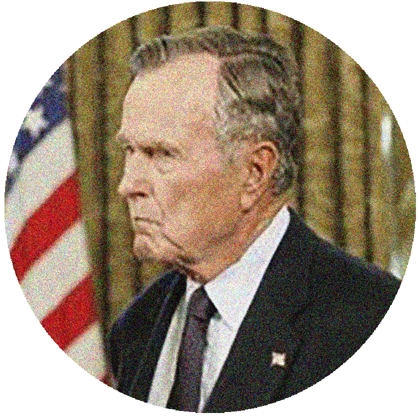 Portrit of George H Bush with a stern look on his face.