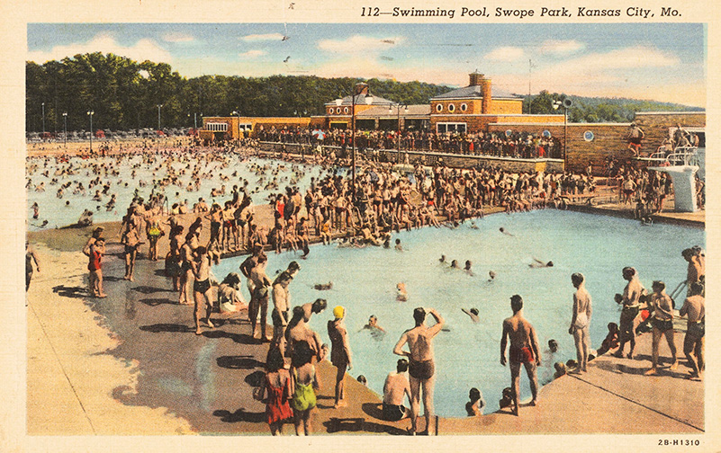 Postcard of people around two large pools.