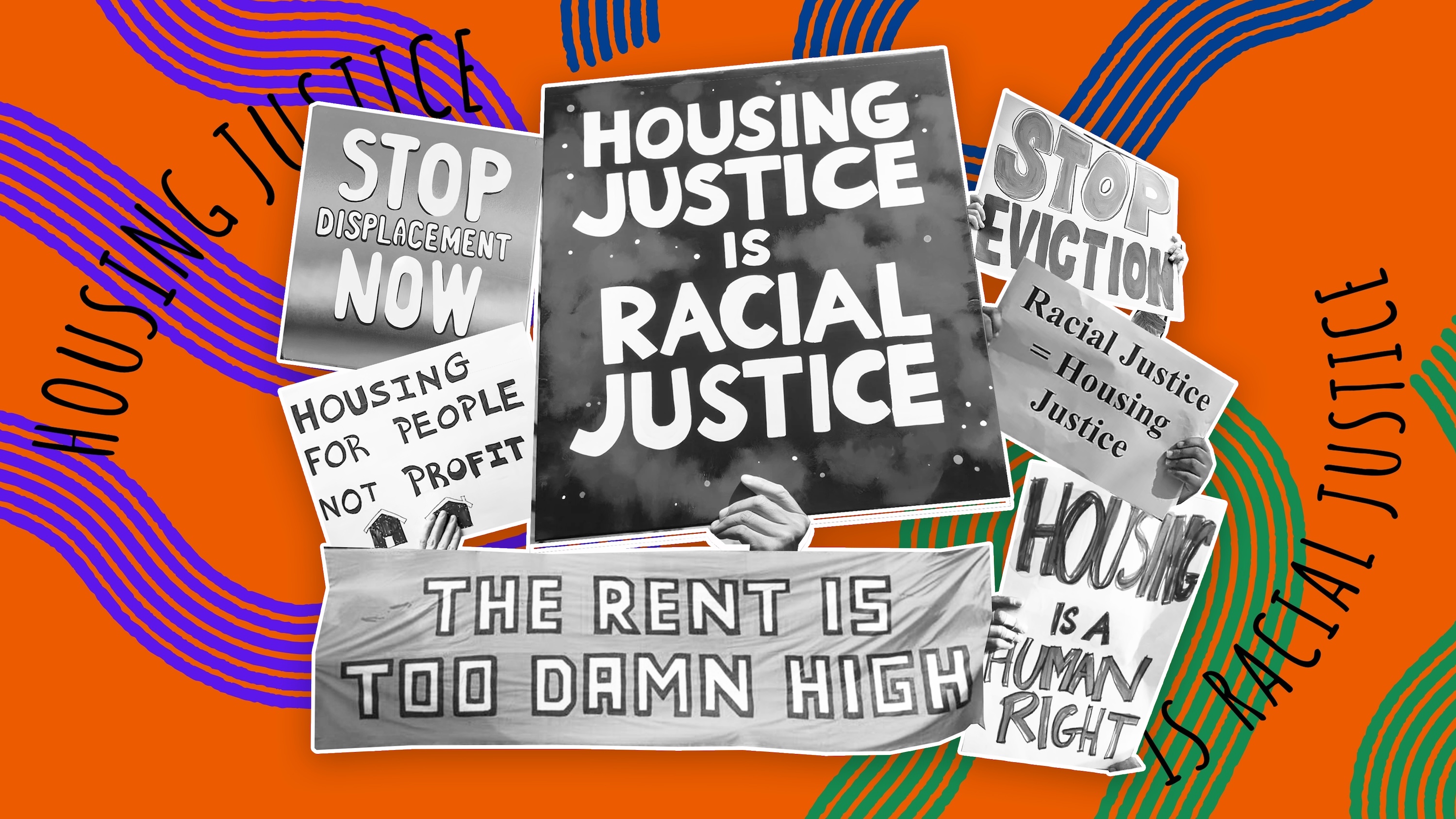 Graphic of protest signs in support of housing justice