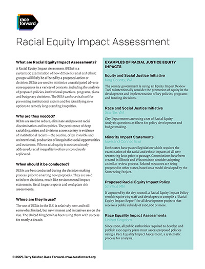 Racial Equity Impact Assessment Toolkit Page 1 with Race Forward Logo