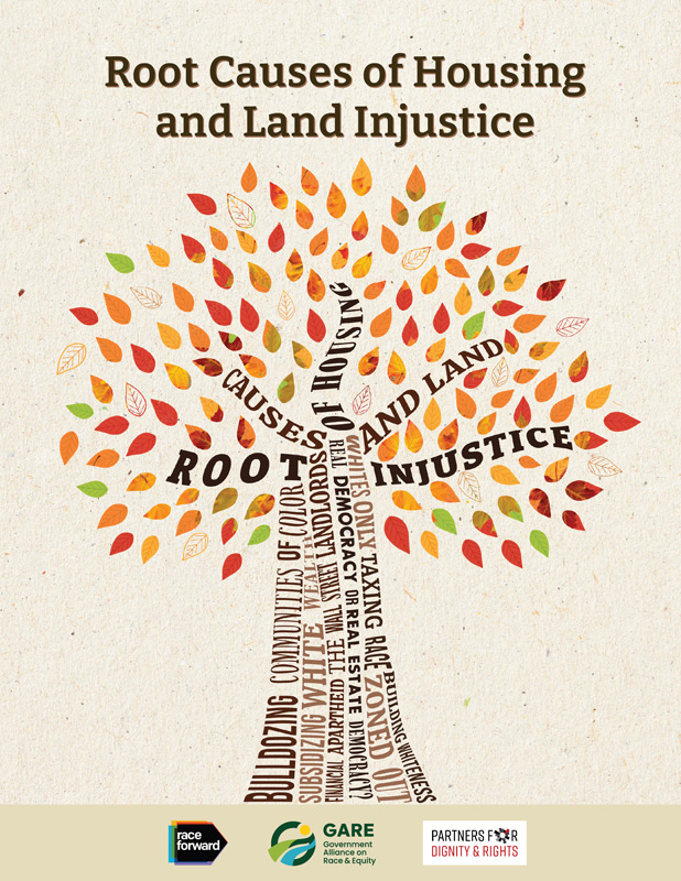 Cover of Root Causes of Housing and Land Injustice with tree made up of causes of injustice.