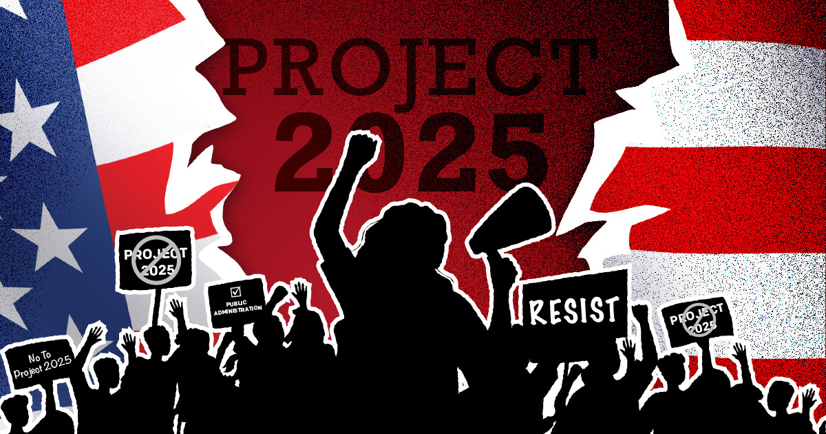 Graphic of report cover. Silhouette of organizers with picket signs. Torn apart American flag with "Project 2025" in the center.